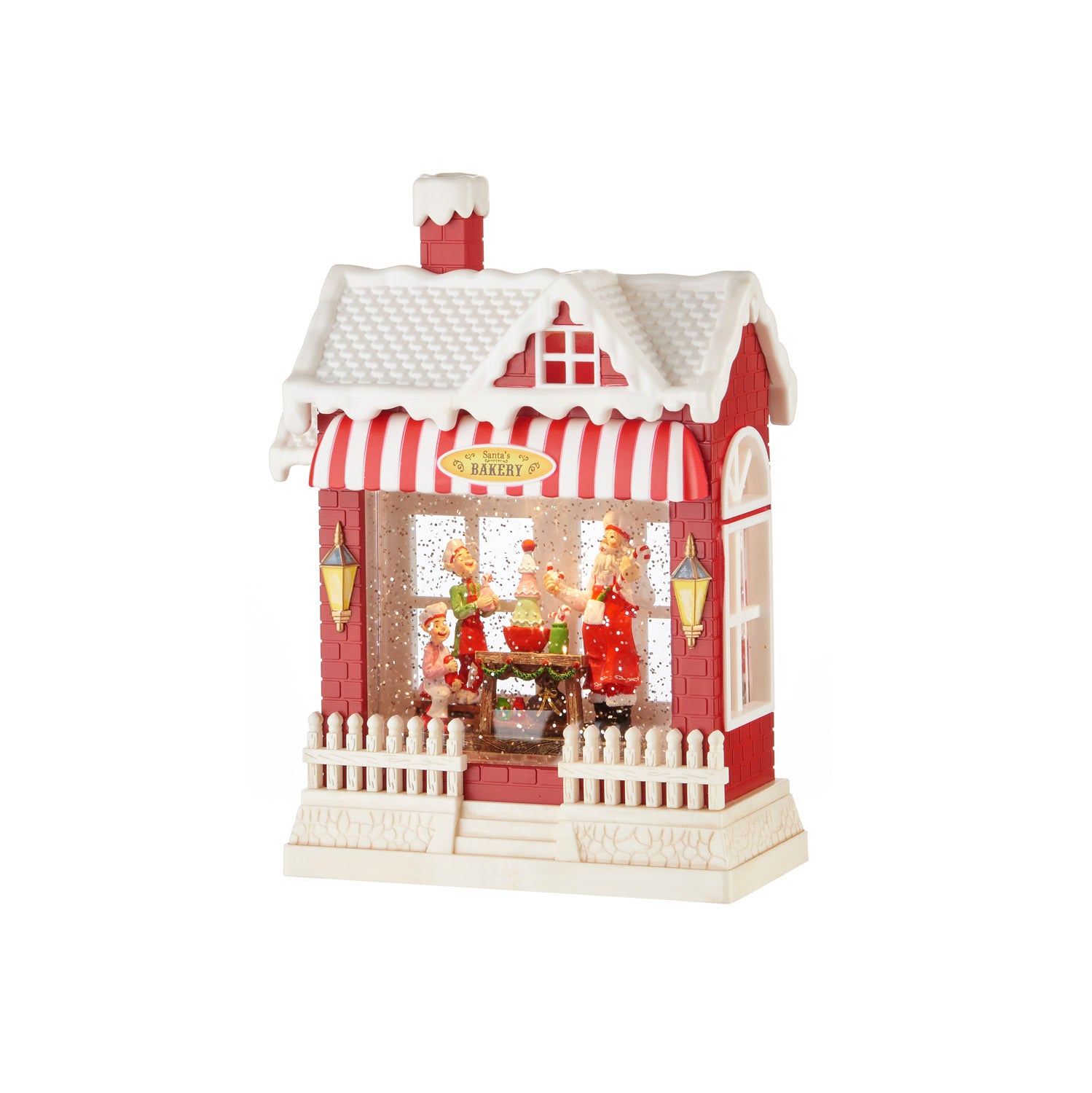 Boule de neige bakery rossa e bianca con musica, led, movimento continuo e timer