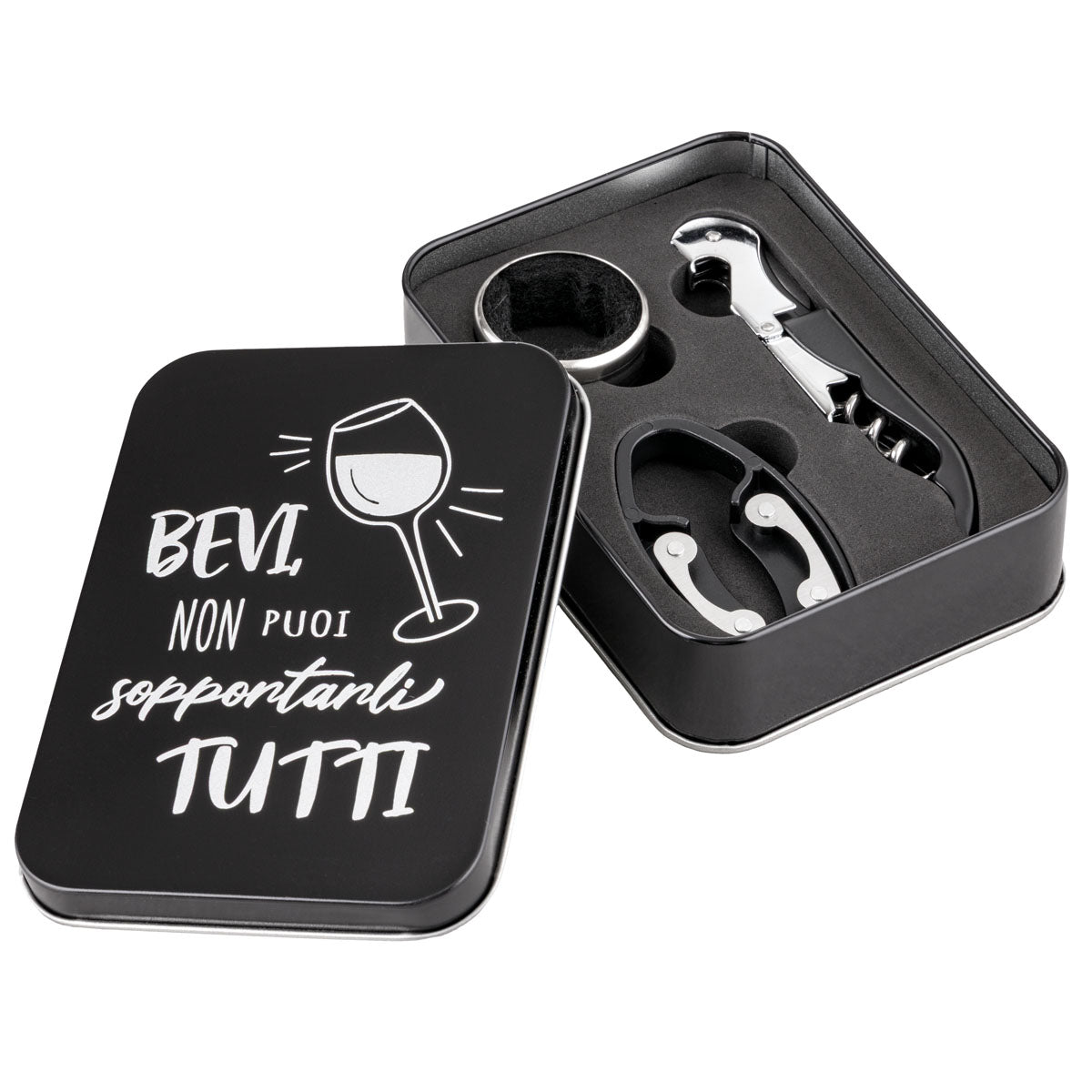 Set vino "Bevi non puoi sopportarli tutti" con accessori
