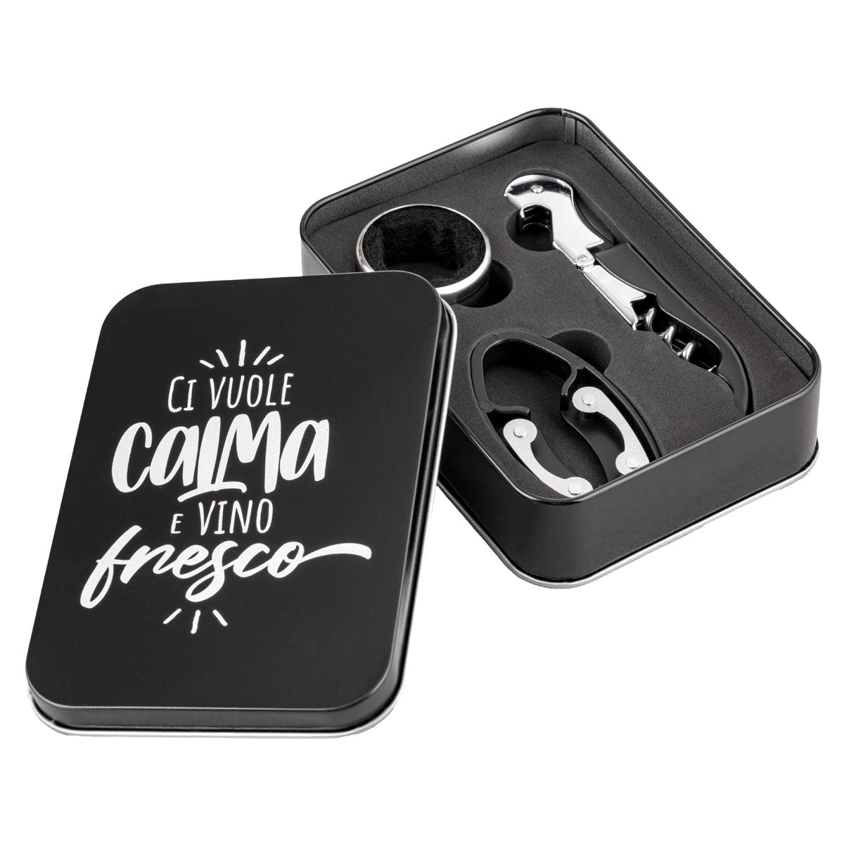 Set vino "Ci vuole calma e vino fresco" con accessori